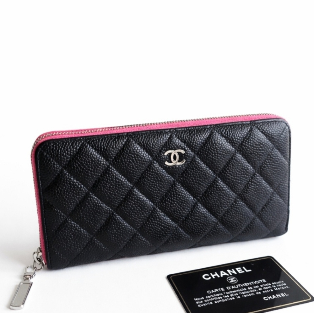Chanel Black Caviar Quilted Zip Around Long Wallet